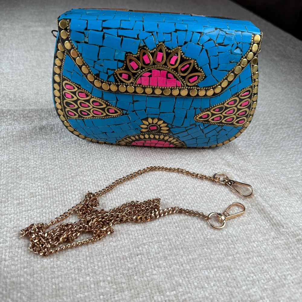 Ramla Handmade Mosaic‎ Blue and Pink Clutch Bag, statement purse, unique purse